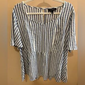 Lane Bryant Blue And White Stripe Peplum Top With Pom Pom Front Trim Size 18/20